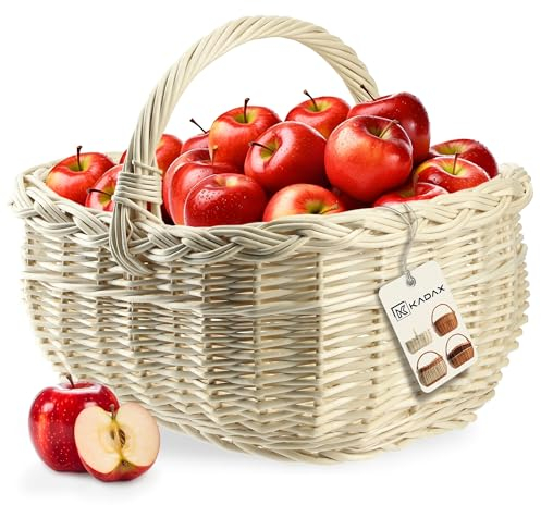 KADAX Weidenkorb für Pilze, Ovaler Korb zum Einkaufen, robuster Picknickkorb mit dem Henkelgriff, Flaschenkorb, Korb für den Garten, Tragekorb (Weiß, 36x28x27cm)