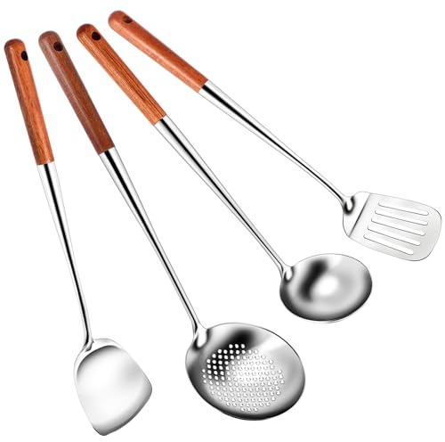 Happysnow Espátula larga de acero inoxidable para wok, juego de utensilios de cocina ranurados
