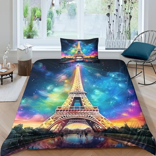 AAHARYA Eiffelturm Paris 3D Nachtansicht Bettbezug Bettwäsche Set 3 Teilig Bettbezüge Mikrofaser Bettbezug Mit Reißverschluss Und Kissenbezug Single(135x200cm)