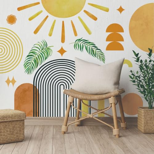 Runtoo Wandtattoo Boho Sonne Wandsticker Bogen Pflanzen Blätter Wandaufkleber Wohnzimmer Schlafzimmer Kinderzimmer Babyzimmer Wanddeko