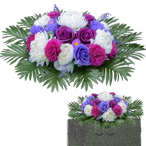 AOFOX Künstliche Friedhofsblumen, Grabstein Blumen Sattel für Grab, lila Rose und weiße Pfingstrose Blumen Sattel für Grabstein Grabstein Dekoration (1 Sattel)