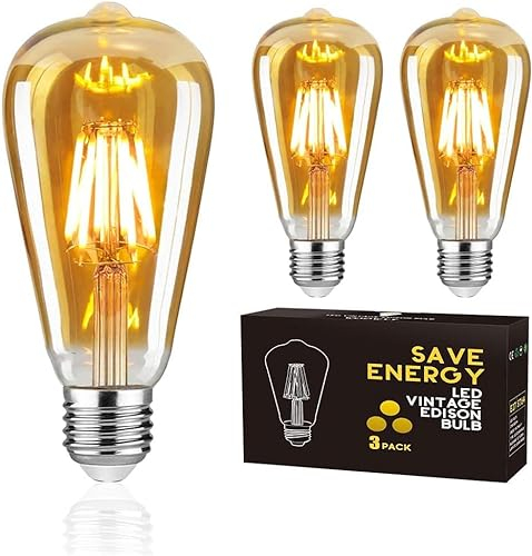 WOOWTT Edison Vintage Glühbirne E27, Led Lampe 6W Warmweiß 2700K, 600LM, Retro Glühbirne Dekorative ST64 Filament Glühlampe, Amber Glas E27 Led Warmweiss Dimmbar, 3 Stück