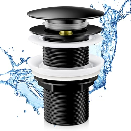 Bonde de Lavabo Sans Trop Plein,Bonde Clic Clac,bonde de lavabo Noir Sans Trop Plein avec Joint pour Vasque a Poser,Universelle G 1 ¼