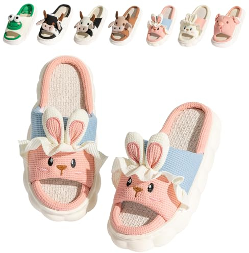 Fadezar Ciabatte Mucca/Rana/Coniglietto Estive Open Toe Donna Ciabatte da Casa Simpatico Cartone Animato Pantofole Antiscivolo Morbidi Lino di Cotone Slipper Coniglio Rosa EU 37-38 (38-39)