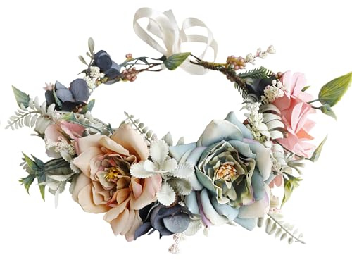 Brikuinr Adjustable Flower Crown Floral Wreath Headband Halo Headpiece Boho | Hair Wreath for Halloween Renaissance Wedding Party Prom Cosplay Costume Masquerade, Bridal Shower, Photo Props, Beach
