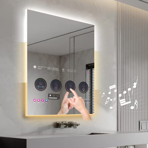 Leotachi 33 x 24 Smart Badezimmer-Waschtisch, wasserdichter Spiegel, eingebauter 21,5 Touchscreen-Fernseher mit Einstellbarer 3-Farben-LED-Beleuchtung