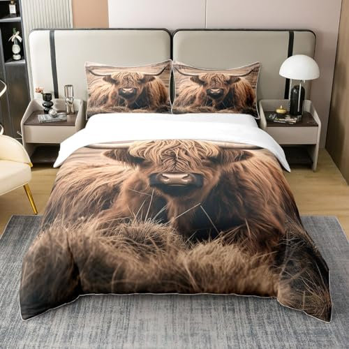 100% Baumwolle Hochland Rind Bettbezug 135x200,3D Kuh Bull Bettwäsche Set,Afrikanische Safari Tier Tröster Abdeckung,Niedliche Lustige Wildlife Tier Bettwäsche Abdeckung,Schlafzimmer Dekor