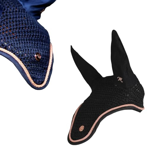 Marengos - Fliegenhaube Modern Rosé | edle Fliegenohren mit roségoldenem Metallplättchen & Zierkordel | Ohrenschutz für Pferde | Schutz vor Insekten | Pferde Zubehör in Nachtblau | Vollblut