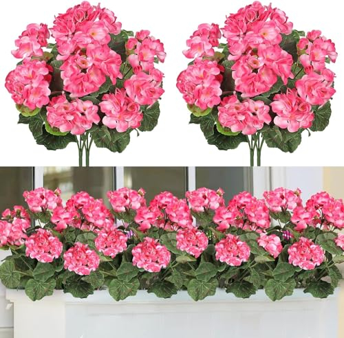 ASTNIC 2 Piezas de Flores Artificiales, Flores de Seda de Geranio para Exteriores e Interiores,Flores Artificiales Decorativas Resistentes a los Rayos UV para Bodas,Fiestas, Decoración de Mesas(Rosa)