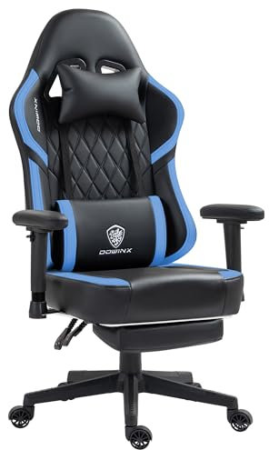 Dowinx Gaming Stuhl mit Taschenfederkissen und Aufhänger, Massage Game Stuhl Pu Leder mit Kopfstütze, Ergonomischer Bürostuhl mit Fußstütze 135KG für Erwachsene, Schwarz Blau