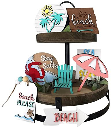 Vajillas Baratas Negras Bandeja jerárquica de verano Bandeja jerárquica decorativa Conjunto decorativo Hello Summer Mini logotipo de escritorio de Decoración de granja rural Bandeja (Blue, One Size)