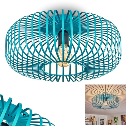 HOFSTEIN Deckenleuchte Wemude, moderne Deckenlampe aus Metall - Moderne Vintage Lampe, 1-flammig E27 - Spannender Lichteffekt durch Gitter-Optik, Rund, Petrol, 40 cm -Schlafzimmer, Esszimmer, Küche