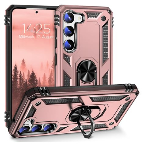 LBH Outdoor Hülle für Samsung Galaxy S23 Armor Militär Stoßfest Handyhülle 360 Grad Metal Ring Halter Ständer Schutzhülle für Handyhalterung Auto Magnet Rosegold