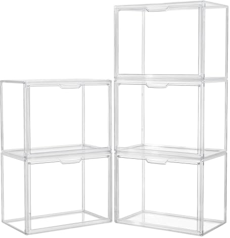 Acrylic Box Display Case, Clear Plastic Stackable Storage Bins with Magnetic Attraction Lid, Showcase for Cosmetic, Large Figures Collectibles (5 Pack, X-Large)