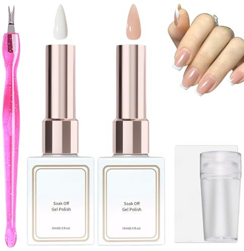 French Manicure Kit,French Manicure Gel Polish Kit,White Nail Polish French Tip,French Manicure Gel Set with Nail Stamping Kit Soak Off UV/LED, French Manicure Gift Set for Women Girl (Pink+Nude)