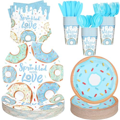 Sieral 350 Stück Donut-Baby-Streudekorationen für Jungen, Donut-Babyparty-Zubehör, Teller, Serviette, Tasse, Besteck, blaue Donut-Babyparty-Dekorationen, 50 Gäste