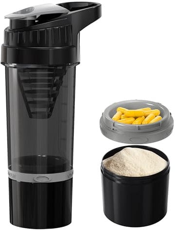 YISH Shaker Proteine Protein Shaker 500ml: Shaker Sport pour Whey Protein avec 150ml Compartiment à Poudre Bouchon Rotatif Passoire Échelle de Mesure Anti Fui, Sans BPA Sans Odeur, Noir