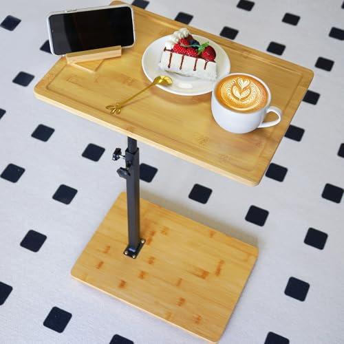 TV Tray Table 360° Swivel Sofa Couch Armrest Tray Bamboo Side Table C Shaped End Table for Small Spaces Snack Dinner Bed Eating Couch Tables That Slide Under 01