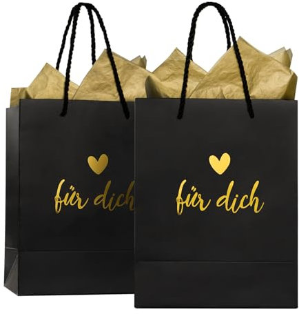 COLOFALLA 2 Stück Schwarz Für Dich Papiertüten mit Henkel, Papiertüten Klein Schwarz Geschenktaschen mit Henkel, Geschenktüten Papier, Geschenktüte Geburtstag mit Sydney Papier
