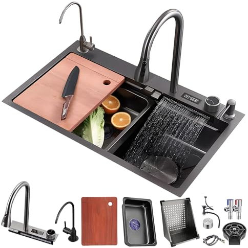 Fregadero De Cascada, Fregadero De Cocina De Acero Inoxidable Negro, Estación De Trabajo De Un Solo Tazón Con Lavavasos, Canasta De Drenaje Y Grifo Extraíble, Fregadero De Montaje Superior, Con Revest