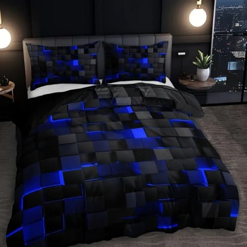 Gaming Bedding Set Boys Single Double King Size Microfibre Duvet Cover Set Neon Dazzle 3D Visual Plaid Print Kids Men Quilt Cover Pillowcase Modern Bedroom Decor (Blue,Double)