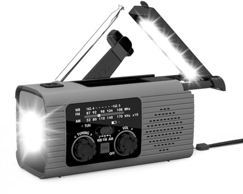 Radio Météo à Manivelle Portable AM/FM/NOAA - Lampe de Poche de Survie, Alarme SOS à Chargement à 3 Voies pour les Pannes d'Aventures en Intérieur et en Extérieur