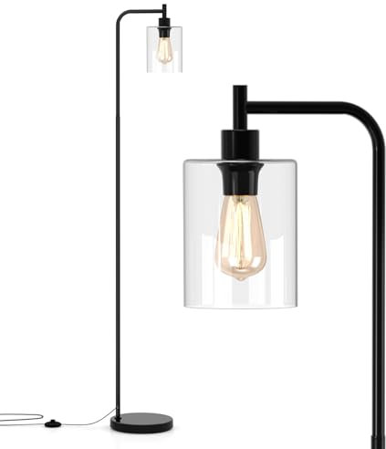 COSTWAY Industrial Floor Lamp, 1/3-Light Glass Lampshade Standing Lamps with Foot Switch, Tall Tree Floor Lighting for Living Dining Room Bedroom Office, Bulbs Not Included (1 Light, Black)