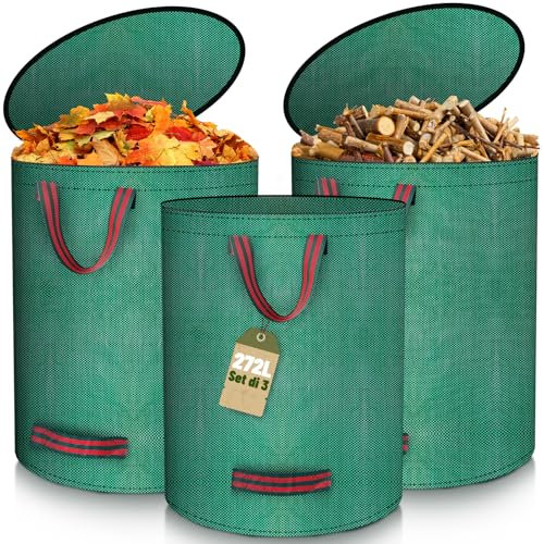 BuzzoXerex 3x Gartenabfallsack mit Deckel, Gartensack 272L Selbststehend mit 4 Reißfesten Griffe, Wasserdicht, Faltbar, Wiederverwendbar Laubsack Groß für Gartenabfälle und Grünschnitt