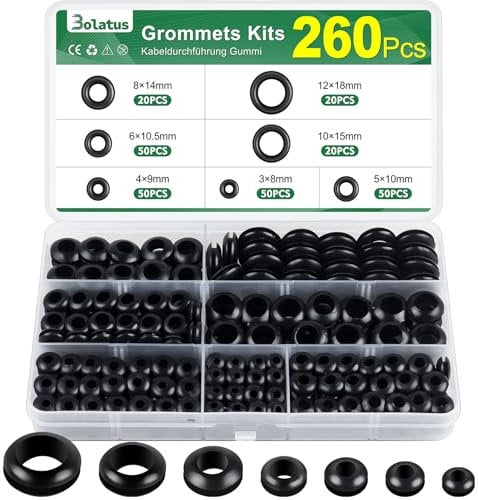 Bolatus, 260 passacavo in gomma, 7 misure, set di beccucci in gomma, per installazione elettrica, canalina per cavi, protezione cavi, colore nero