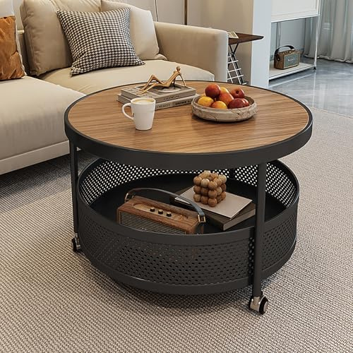 Couchtisch Rund Mit Stauraum, Mitteltisch Für Wohnzimmer, Wohnzimmertisch Mit Rollen, Moderner Couchtisch Mit 2 Ebenen, Niedrige Couchtische, Nordischer Schiefer, Sofatisch Für Balkon, Büro(Black+beig