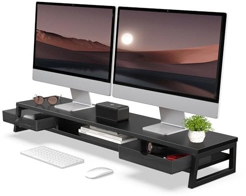 Fenge Dual Monitorständer Riser mit 2 Acryl Schubladen 2 Etagen 108cm Computer Bildschirmständer für PC/Laptop/Fax/Drucker/TV, Tragfähigkeit 45KG (Schwarz)