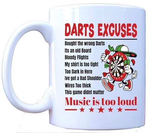 MILLHOUSE PRINTS Darts Excuses Mug - Funny Dart Player Excuses Tea Coffee Cup - Humorous Dartboard Design with Common Darts Sayings, 330ml, White Ceramic