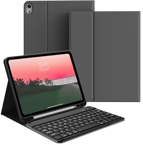 GKABXY Étui avec clavier pour iPad Air 11 (M3/M2) 2025/2024, iPad Air 5e/4e génération 10,9 2022/2020, support folio fin avec porte-crayon, clavier sans fil amovible, noir