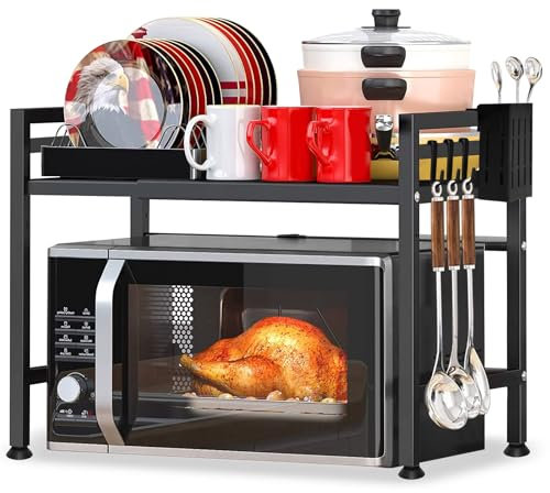 YSWOVUO Soporte para Microondas Extensible, Estanteria Microondas de Cocina 2 Niveles, Mueble para Microondas Encimera al Carbono, Estante para Microondas con 8 Ganchos 1 Soporte de Utensilios