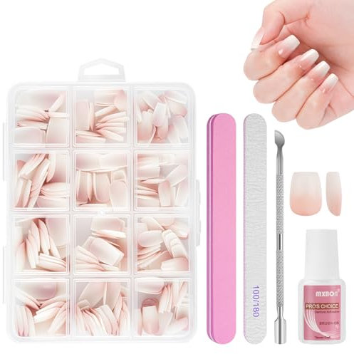 BUTBU Uñas Postizas Francesas Cortas, 240 Piezas Uñas Tipo T Corto, 12 Tamaños Nail Kit de Tips Uñas Gel con Pegamento, con Empujador de Cutícula Lima Uñas, para Salones Uñas, Manicuras DIY