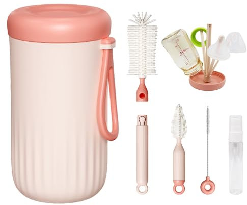 PANZHIHUIDA Brosse de Voyage Portable pour Biberons - Brosse de Nettoyage Compacte à Poils Doux, Crochet de Séchage et Étui | Idéal pour Biberons, Tétines et Accessoires de Bébé (Rose)