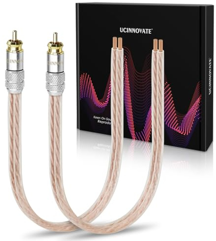UCINNOVATE Lot de 2 adaptateurs RCA vers fil nu plaqué or - 30 cm - Double prise 13 AWG vers haut-parleur - Pour caissons de basses, amplis et home cinéma, ampli