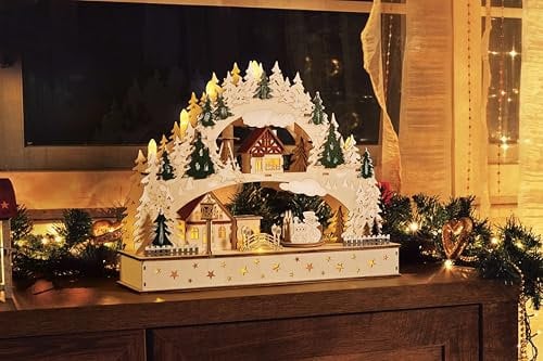 Weihnachtlicher Schwibbogen mit fahrenden Zug mit LED Kerzen und Timerfunktion, Weihnachtsdekoration, Holzdesign mit Winterszene, Beleuchteter Lichterbogen