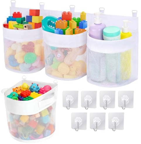 Contenitore per giocattoli da bagno, organizer per giocattoli da bagno con 3 scomparti, borsa sospesa e tasca a rete per la vasca da bagno, porta giocattoli da bagno per bambini con 7 ganci per