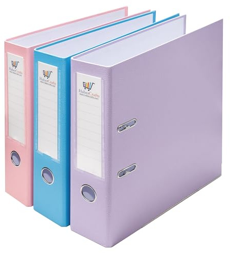 Aktenordner, A4, verschiedene Pastellfarben (Rosa, Lila, Blau, robuster Kunststoff auf Karton, Verriegelungsmechanismus, austauschbare Rückenschilder, Ringordner, Büroordner, 3 Stück)