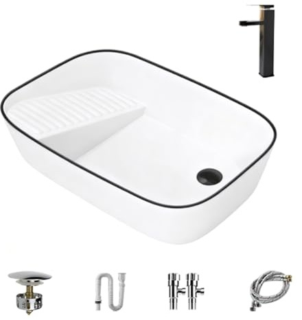Lavabo con Tabla de Lavar, Fregadero Sobre Encimera con Grifo, Pila de Lavar Escurridor y Tubo de Drenaje, Adecuados para Balcones, Lavaderos(50x38x16cm/19.7x15x6.3in)