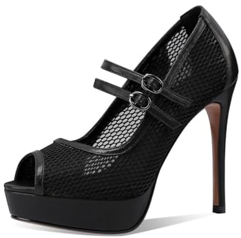 Veelau Meieer Peeptoe Mary Jane Escarpins à talon aiguille en maille à talons hauts avec boucles à lanières
