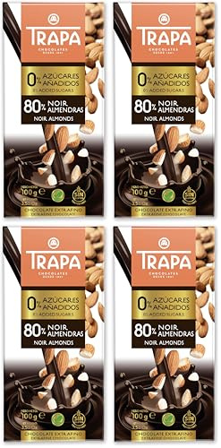 TRAPA 0% AZÚCARES AÑADIDOS |Chocolate Negro 80% con Almendras | Tableta 100 g | Sin Gluten (Paquete de 4)