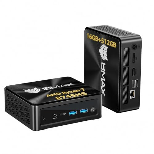BMAX B8A Pro Mini PC AMD Ryzen 7 8745HS 16GB DDR5 512GB PCIe4.0 SSD,up to 4.9GHz,Windows 11,Mini Computer,HDMI2.1 DP2.1 Type-C,2.5G Ethernet,Wifi6 BT5.2,Dual Copper Cooling for Gaming Creator