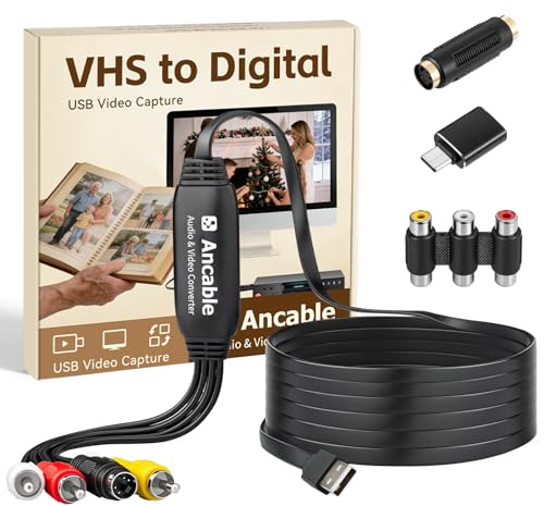 Convertitore da VHS a digitale, scheda di acquisizione video per Mac/Windows, conserva i ricordi di vecchia famiglia da VCR VHS Hi8 MiniDV, USB 2.0 RCA a USB con adattatore S-Video e USB-C, guida
