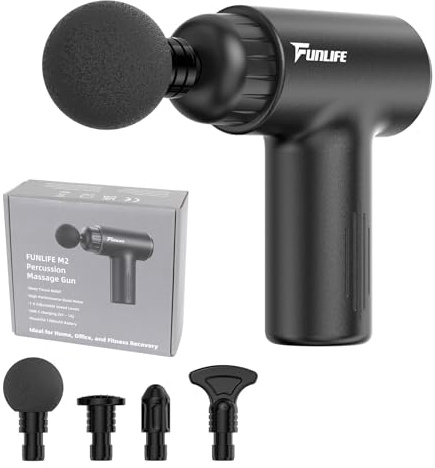 FunLife M2 Mini Massagepistole – 6 Stufen, USB-C, Pure Black | 12 mm Tiefenmassage mit 4 Massageköpfen. Leise, nur 0,5 kg und ideal für Sport, Reisen, Büro und Zuhause.