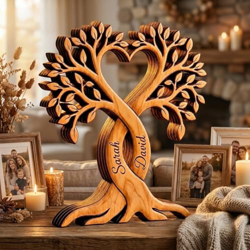 Albero della Vita Cuore in Legno Personalizzato con Nomi, Decorazione Romantica per Coppia, Regalo Personalizzato per Lui e Lei, Idea Regalo per Matrimonio, Anniversario, San Valentino (Stile 1)