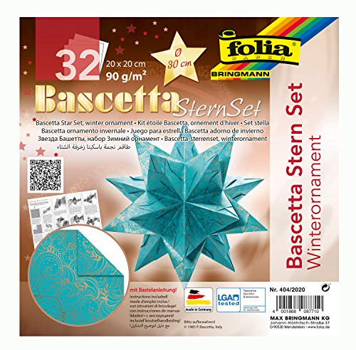 folia 404/2020 - Bastelset Bascetta Stern Winterornament türkis/kupfer, 32 Blatt, 20 x 20 cm, fertige Größe des Papiersterns ca. 30 cm, mit ausführlicher Anleitung - ideal zur zeitlosen Dekoration