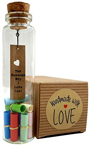 Zehn Gründe, warum ich dich liebe – Kleines Glas mit großen Ideen (in englischer Sprache) – An die Person, die ich liebe – Einzigartiges Geschenk – vom Handwerker handgefertigtes Geschenk