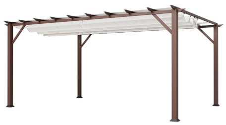 Paragon Outdoor Alumnium-Pergola in chilenischem Ipe mit einziehbarem Überdachung für Terrasse, Veranda, Garten, Hinterhof-Pavillon, 3,9 x 4,6 m (cremefarbenes Baldachin)